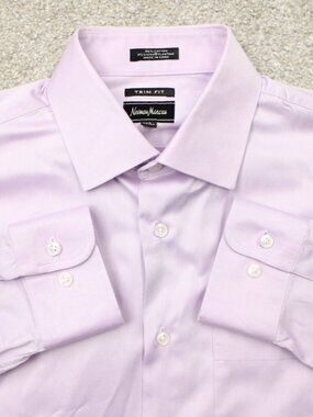 Neiman Marcus Dress Shirt Men 15, 32/33 Pink Trim Fit Cotton Stretch Long Sleeve